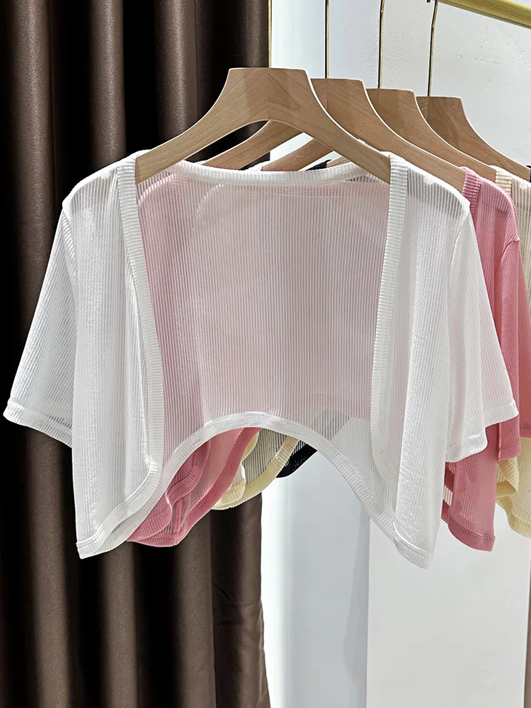 

Белый кардиган из ледяного шелка для женщин, летняя дышащая кружевная блузка с V-образным вырезом, приталенная верхняя одежда с бретельками