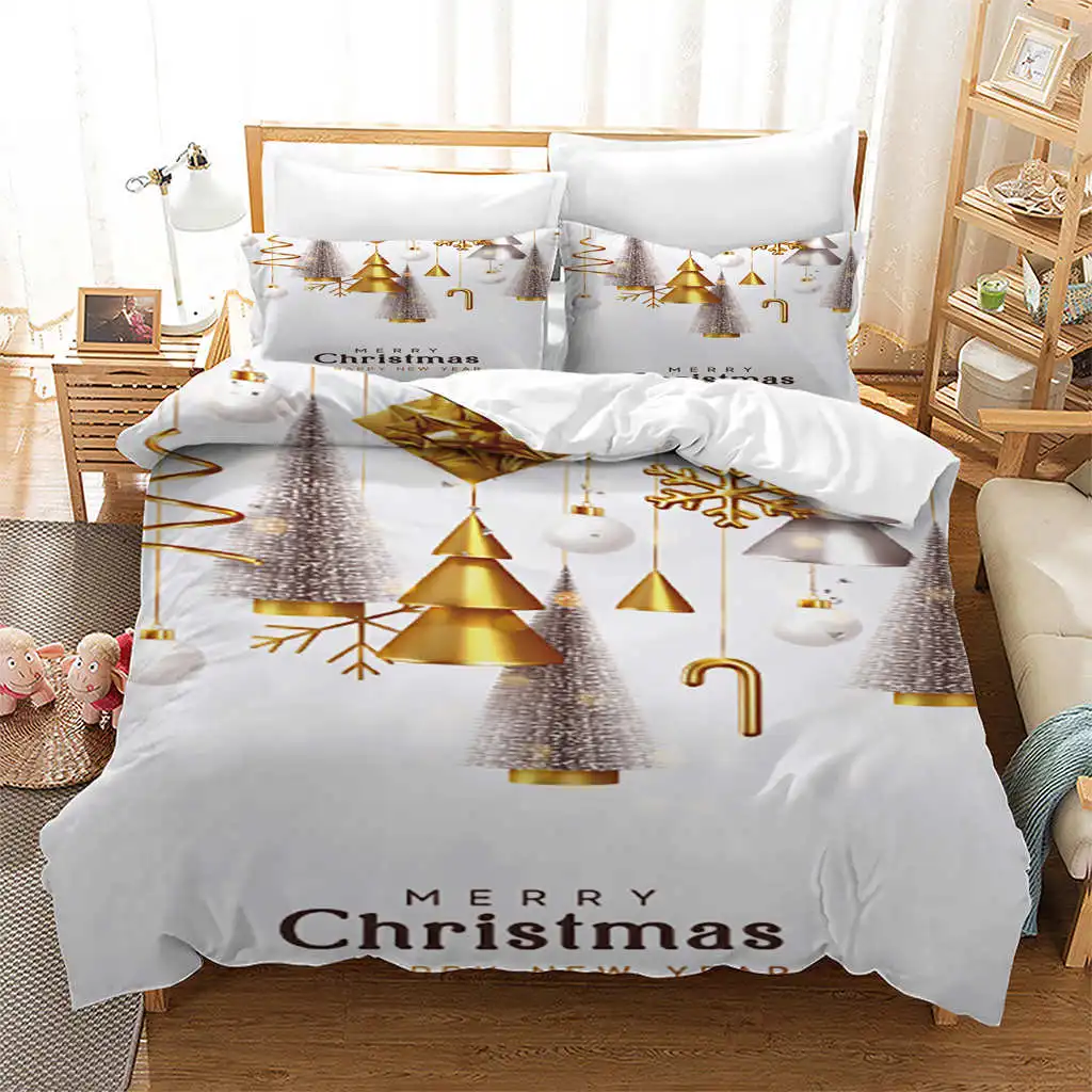 Duvet Cover Digital Print Christmas Duvet Cover Set, Snowflakes, Gold Lettering, Queen Size Bedding Set, New Year Child Gift