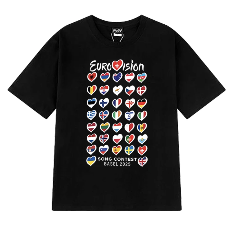 

Summer Fashion Eurovision Song 2025 Flags printed T Shirt New Unisex Oversized short sleeve T-shirts Unisex 100% Cotton clothing