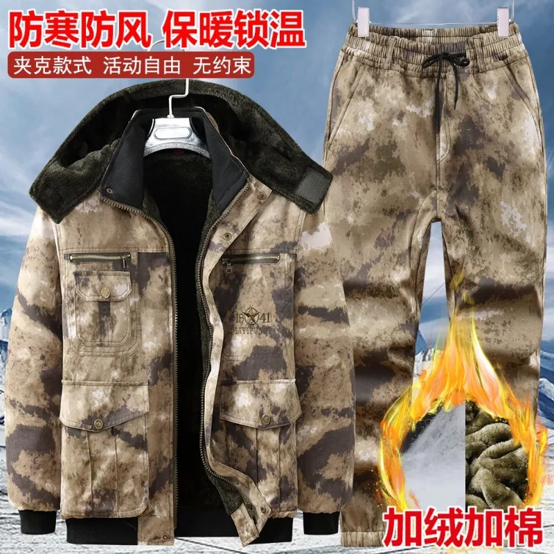 Traje de trabajo de camuflaje con forro polar para hombre, resistente al viento, al frío y al desgaste, abrigo y pantalones térmicos de algodón para invierno.