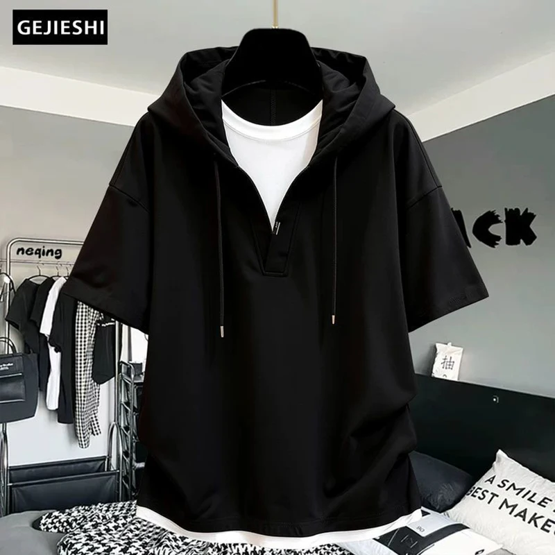 2026 Summer New Men's Fake Two-Piece Hooded T-Shirt Casual Splicing Color Block Loose Short Sleeve Tee Streetwear Fashion Tops