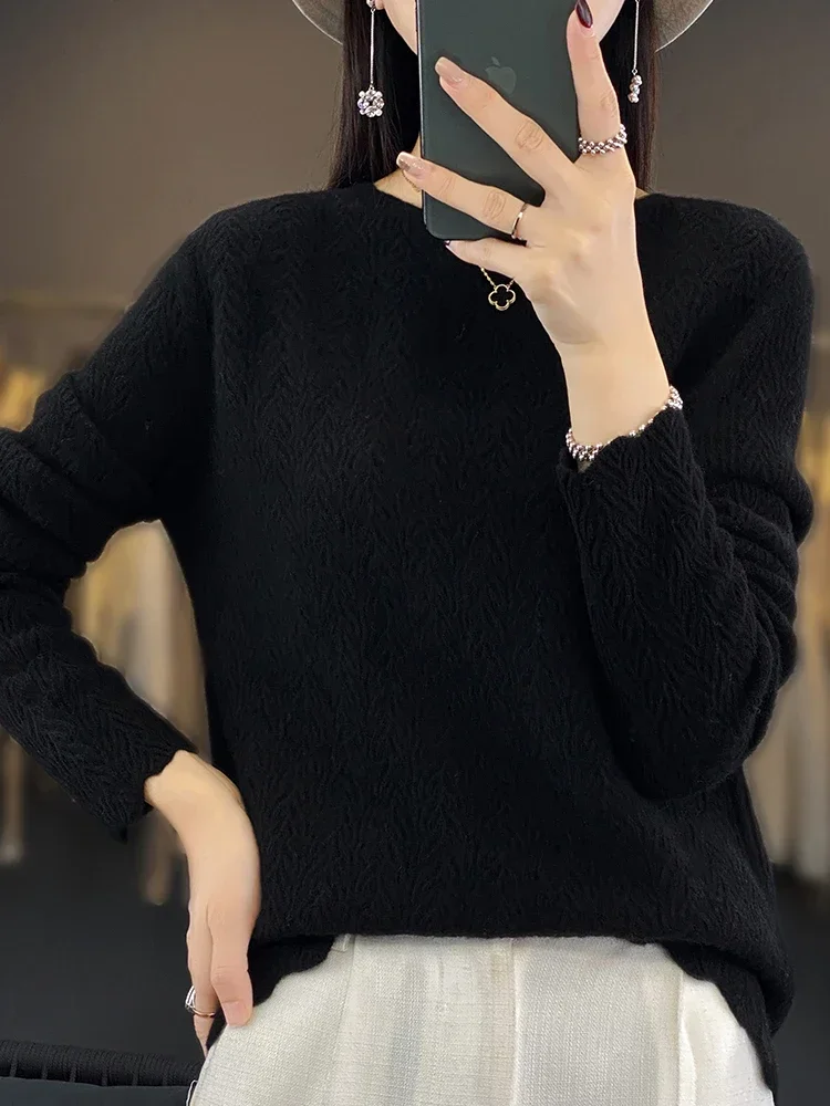 Pure Cashmere Sweater Women\'s Round Neck Hollow Pullover Sweater Solid Color Loose Sweater Knitting Long Sleeve Top Winter 2024