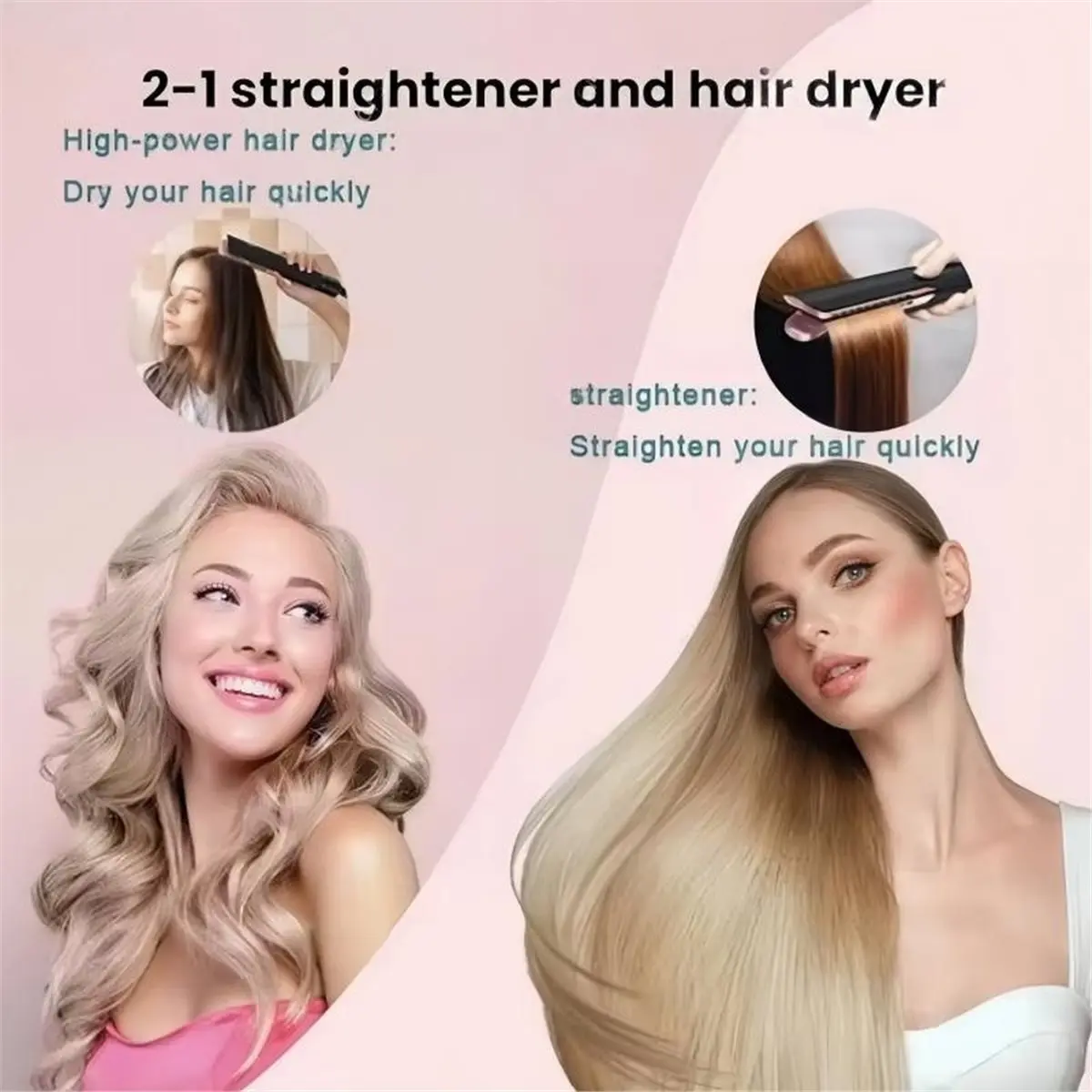 【A75U】 Negative Ion 2 in 1 Hair Dryer Flat Iron Dual Heat Styler for Quick Drying Straightening Travel Friendly Use A EU Plug