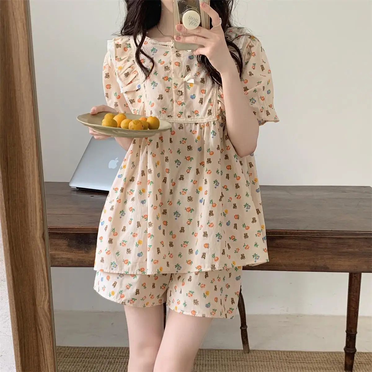 Cartoon Bear Floral Print Summer Pajamas Set Women O-Neck Short Sleeve Cotton Shirts + Shorts Sleepwear Sweet Korean Home Suit