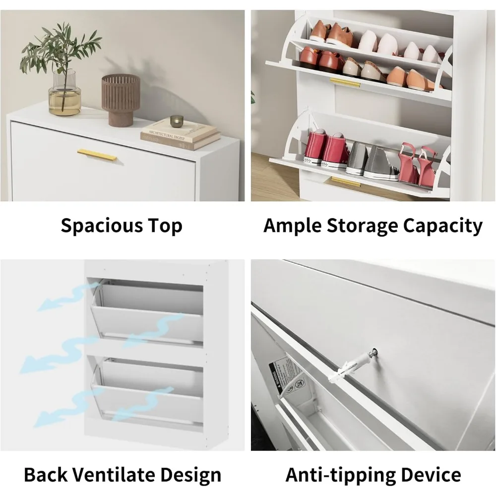 Шкаф для обуви для прихожей, Белый шкаф для хранения обуви с двумя откидными ящиками, Скрытый узкий шкаф для обуви, Freestandi