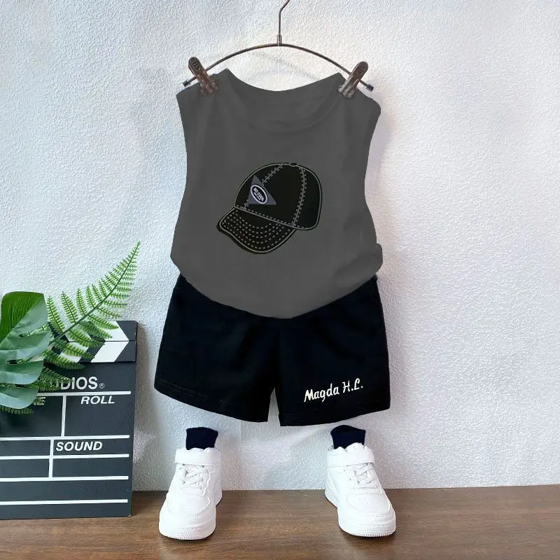 2024 New Children's Sets Boys Summer Vest + Shorts 2-piece Set Fashionable Trend Loungewear Outfit Simple Style