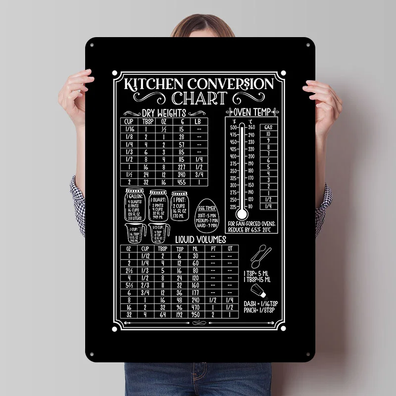 Kitchen Conversion Chart Black and White Tin Plaque Poster Customized Wall Art Retro Vintage Metal Signs for Room Wand Deko Home