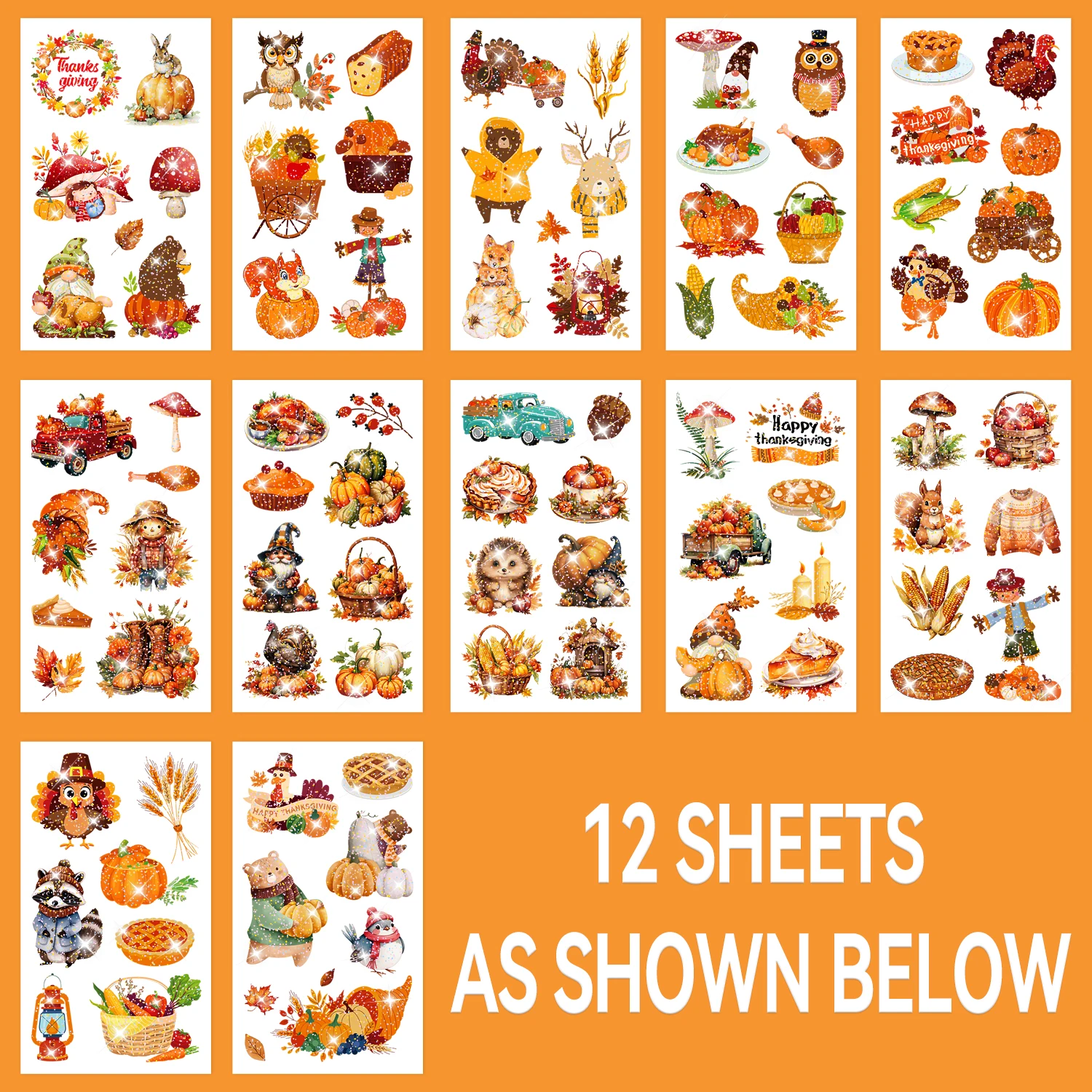 12 ورقة من الوشم المؤقت لعيد الشكر اللامع، وشم خريفي آمن مقاوم للماء، خريف سعيد، أفضل خيار لحقيبة جودي الخريف