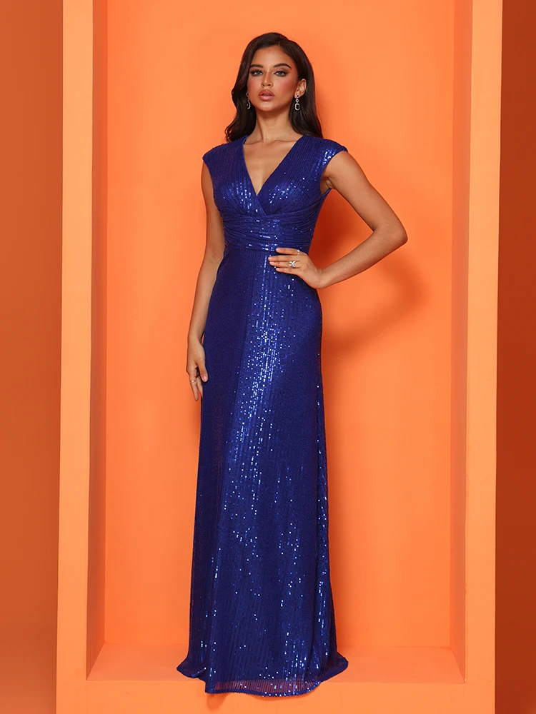 Lucyinlove Elegant V-neck Royal Blue Sequins Evening Dress Long Women Luxury Mermaid Wedding Party Dress Caicktail Prom Gown