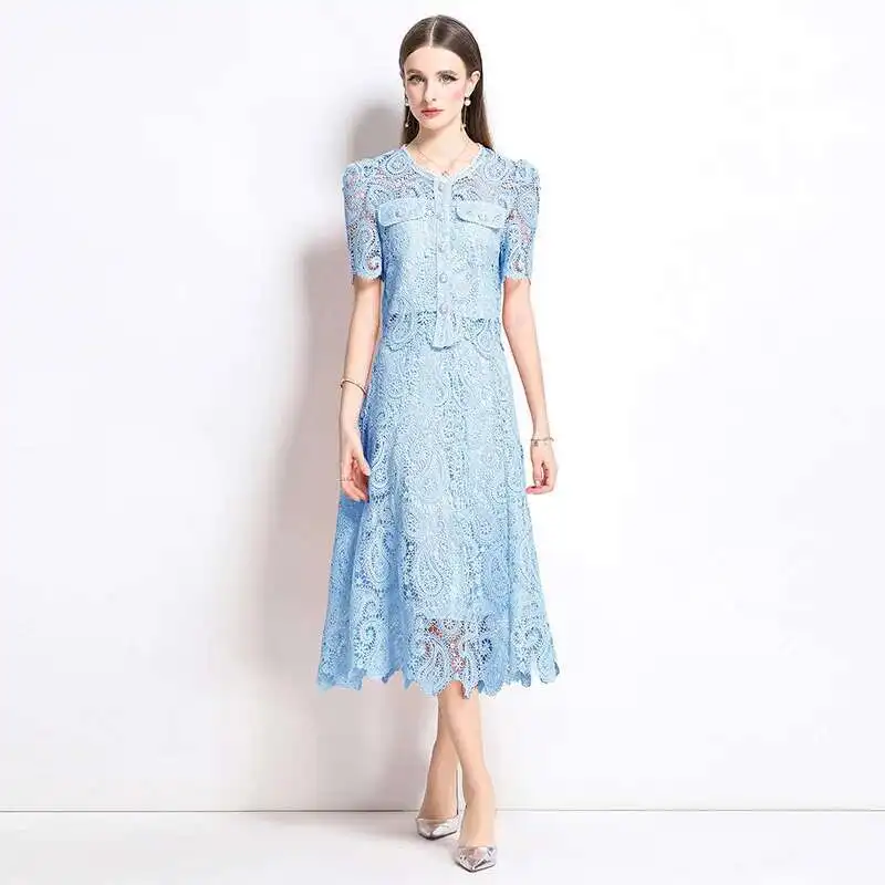 

Elegant Embroidery Lace Dress Sets 2 Piece Women Long Skirts Suits Summer Hollow Out Short Top Midi Skirt Evening Party Robe