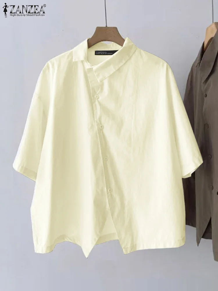 Camicie da lavoro OL da donna Bottoni asimmetrici Top ZANZEA 2025 Tunica casual Fahion Tinta unita Mezza manica Colletto rovesciato Blusas