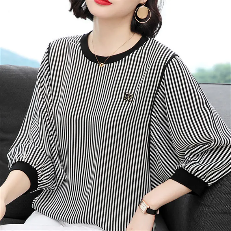 Blusa feminina emendada com batwing listrado, pulôveres casuais de grandes dimensões, camisa para comutar, roupa elegante, novo, primavera, 2022