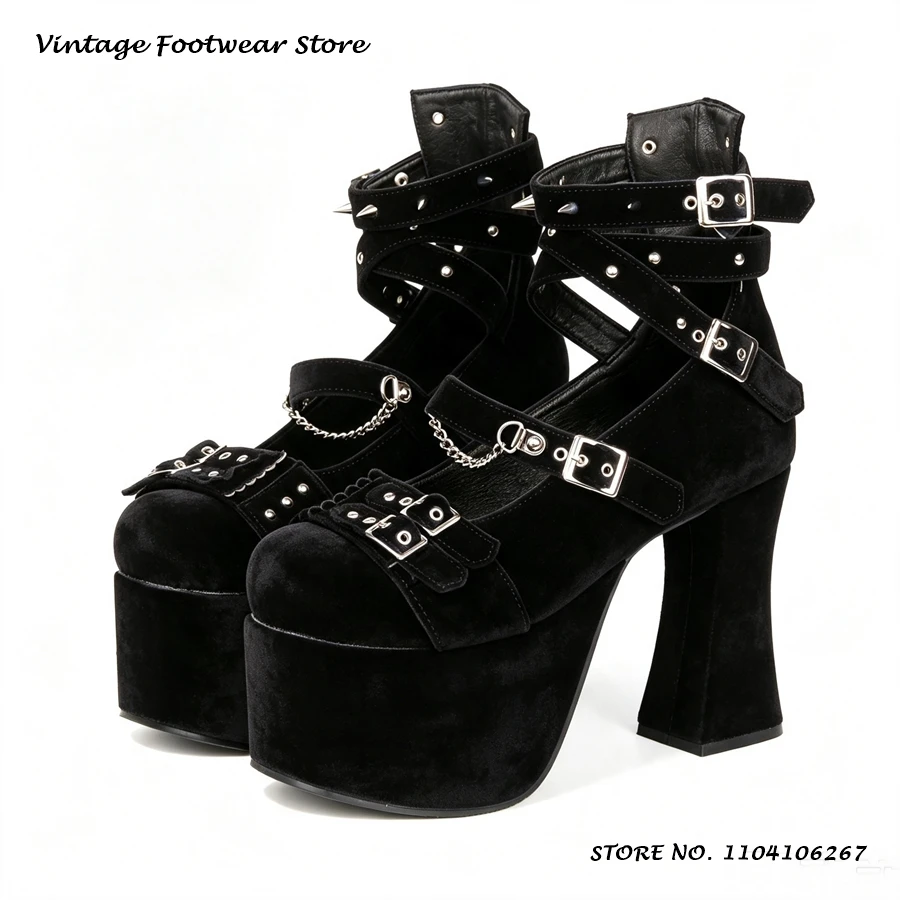 Punk Style Platform Lolita Shoes Round Toe Block Heel Plus Size Cosplay Party Shoes Women's Spring Summer Buckle Strap Pumps
