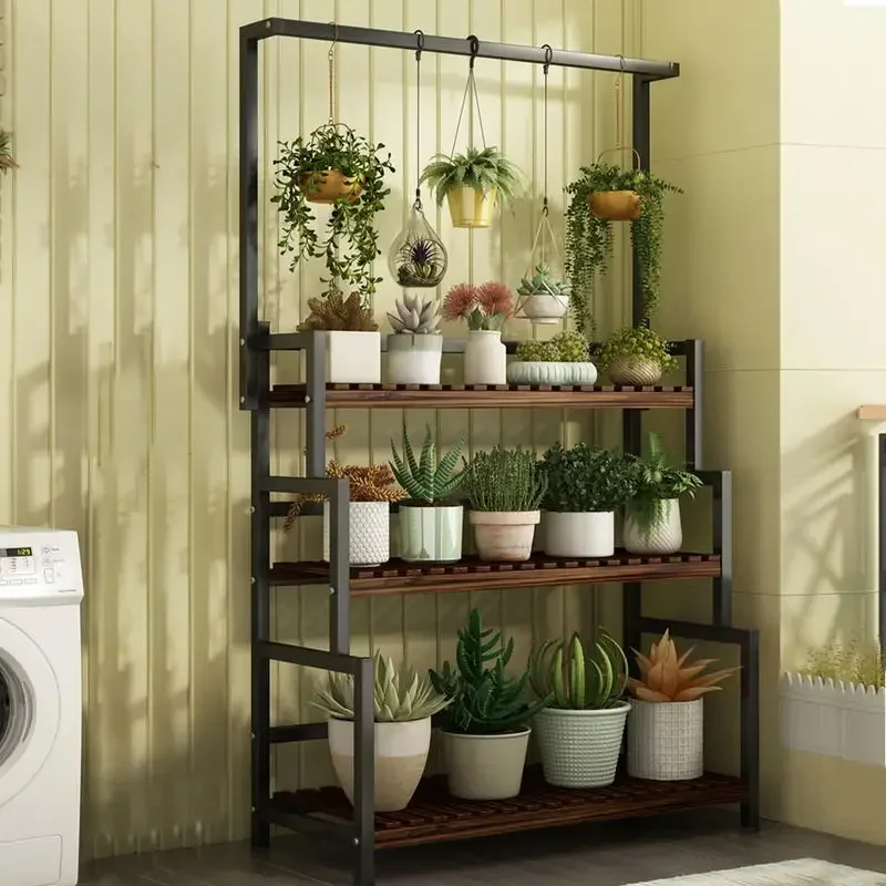 &3 Tier Black Plant Stand With Hanging Basket Indoor Display Plant Rack Metal Shelves For Flower Pot Home Application Decor