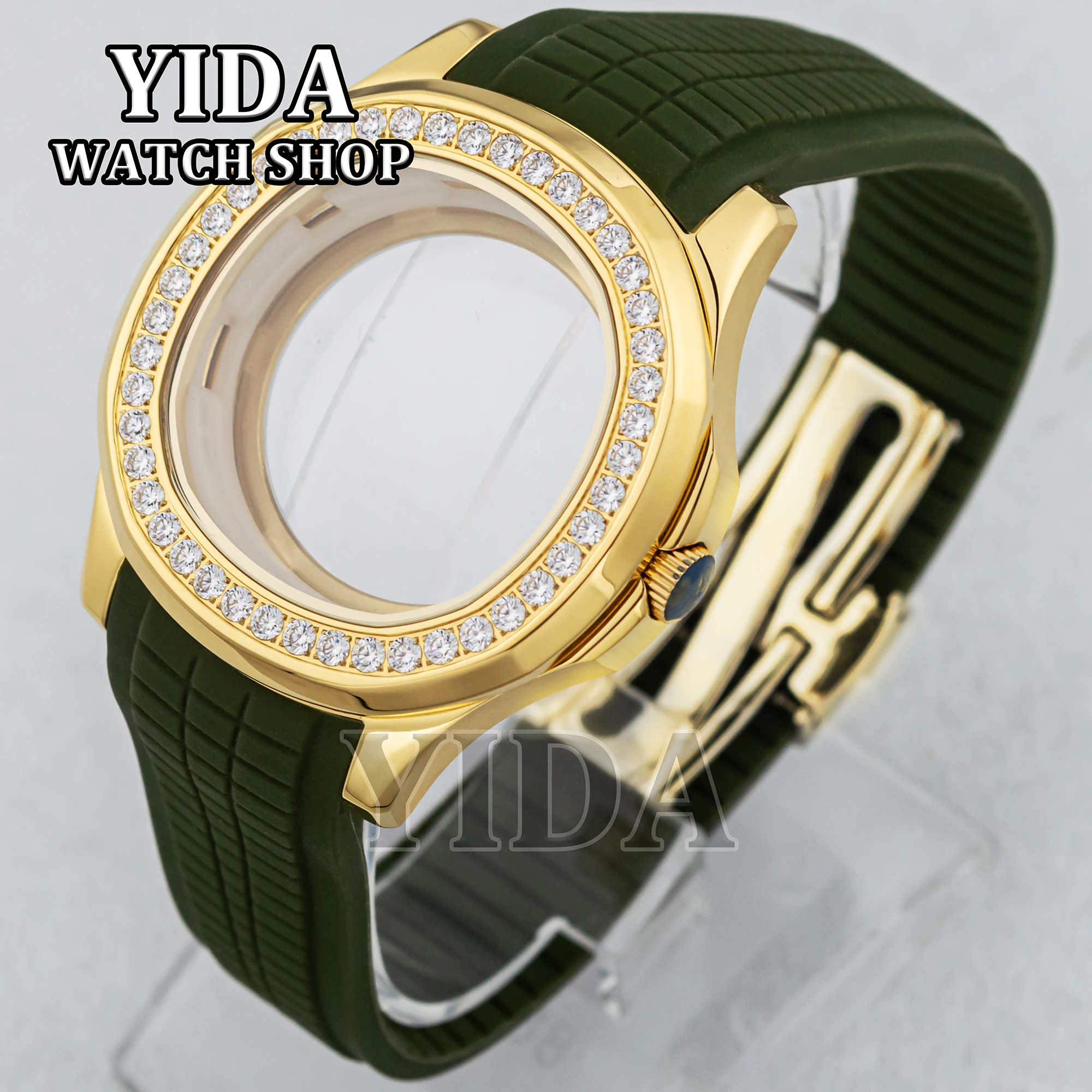 

42MM Diamond NH35 PVD Gold Watch Case Rubber Wristband 32mm Dial Sapphire Glass for AQUANAUT Nautilus NH36 Movement Accessory