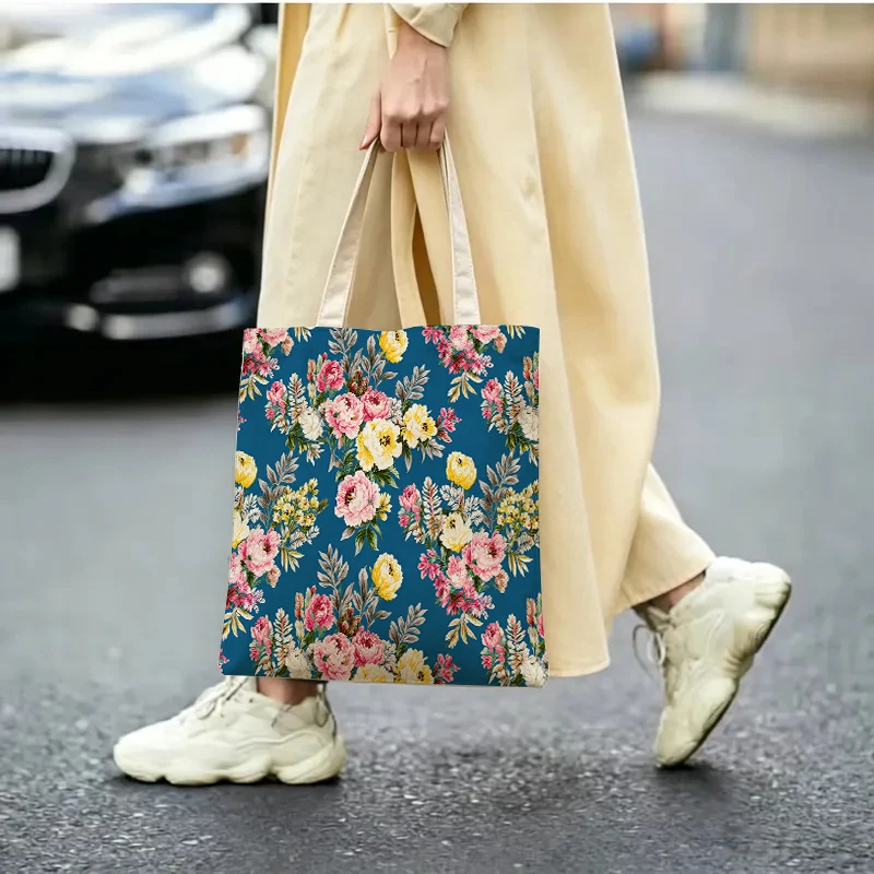 Pastoral Style Large Capacity Tote Bag All Over Pink Yellow Floral Print Lightweight Casual Shopping Bag Women Girls Daily Use