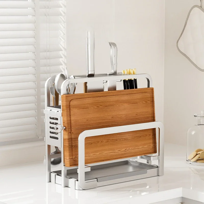 Aluminum Kitchen Knife Holder with Cutting Board Rack and Utensils Organizer,Kitchen Countertop Cutlery Drying Container Tray 2