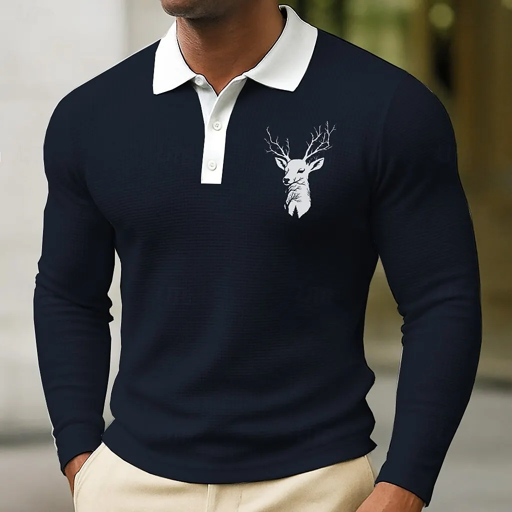 

3D Print Animal Deer Pattern Men's Polo Shirt Simple Solid Color Long Sleeve Pullover Fashion Business Social Casual Man Clothes