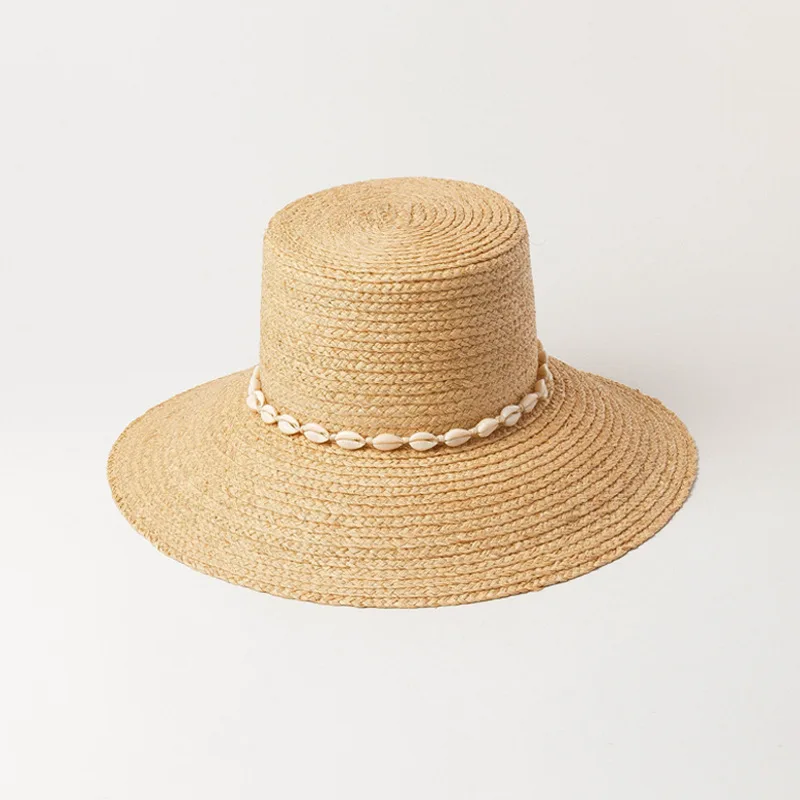 

X442 Adult New Summer Hat Adjust Size Sun Beach Caps New Shell Chain Decoration Wide Brim Raffia Straw Sun Cap Lady Panama Hats