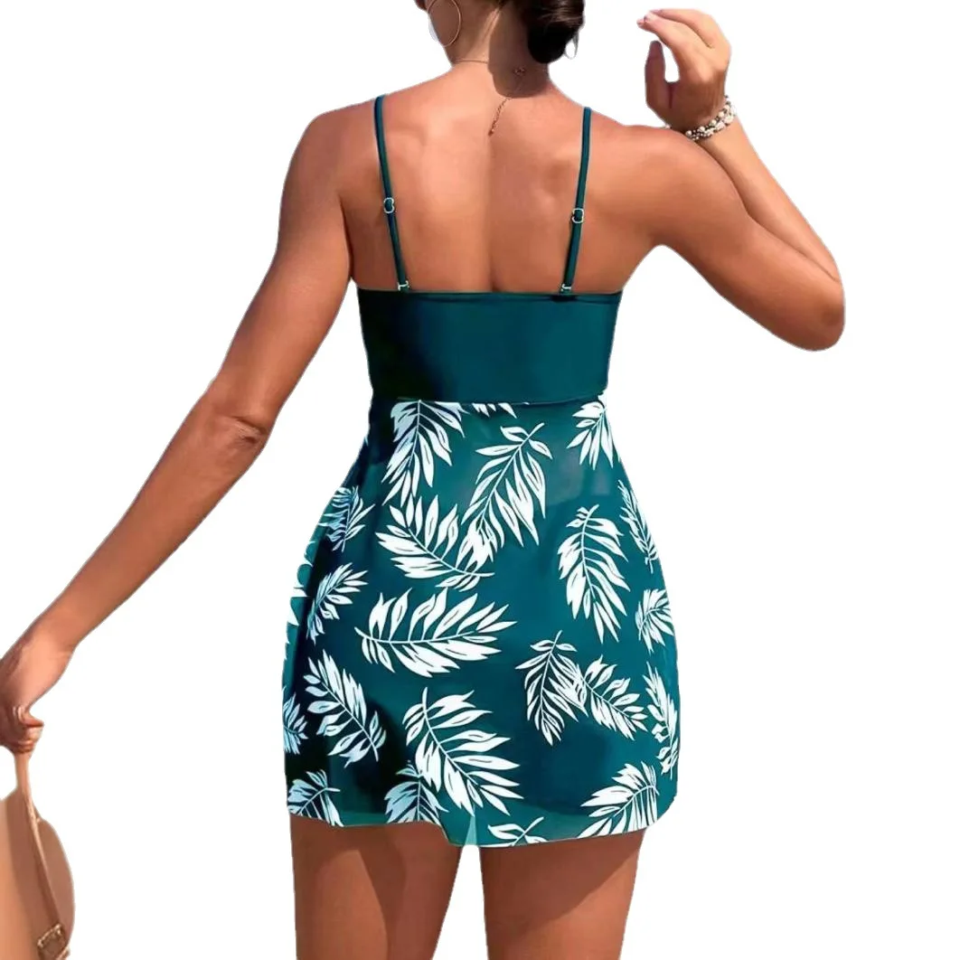 Modest Tankini Swim Dress Sheer Mesh Cover Up with Floral Print Conservative Two-Piece Swimwear Women's High Neck Bathing Suit