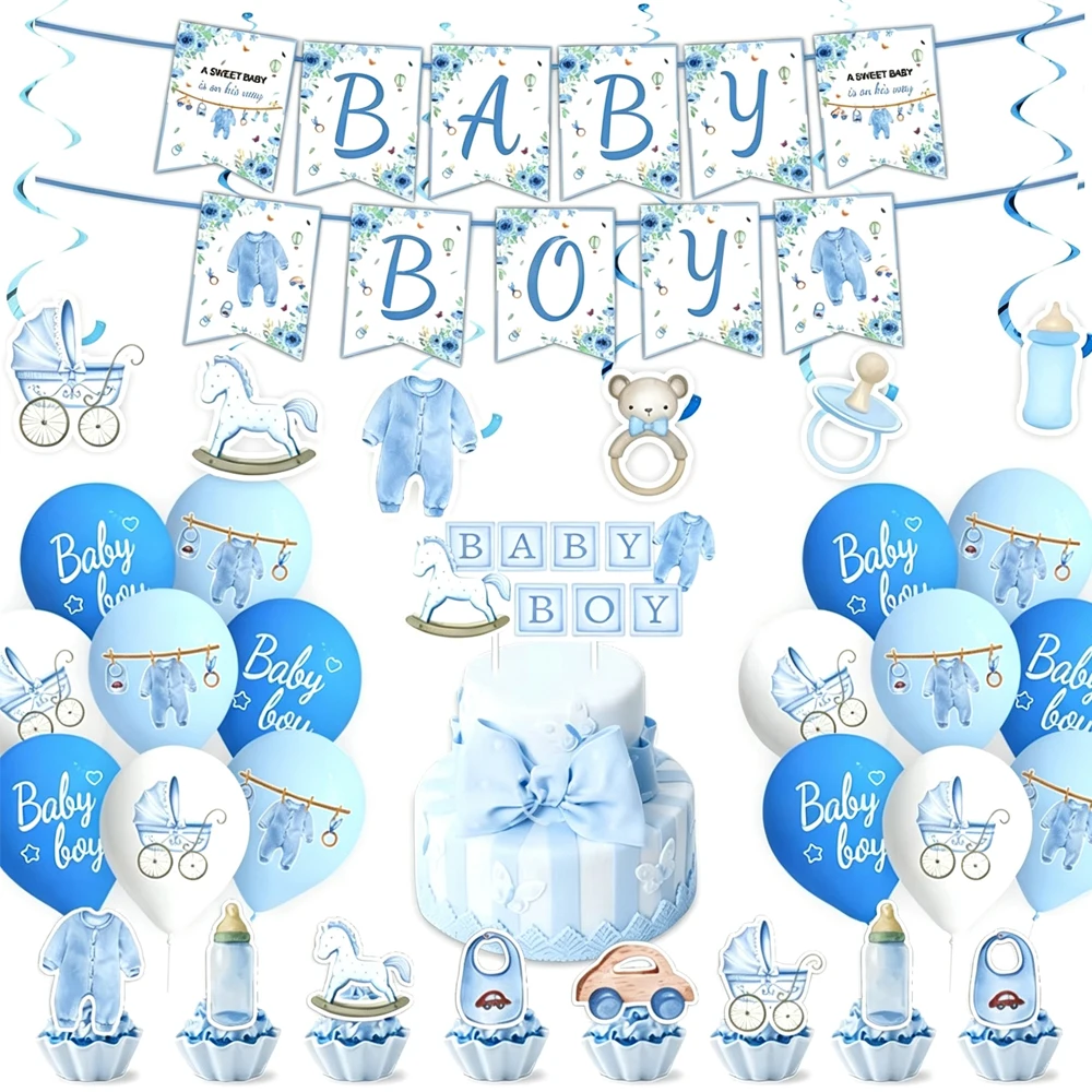 Babyparty-Dekorationen für Jungen, blau, für Jungen, Banner, Luftballons, zum Aufhängen, Wirbel, Dekore, Kuchendeckel, Babyparty-Partyzubehör – Detail 1