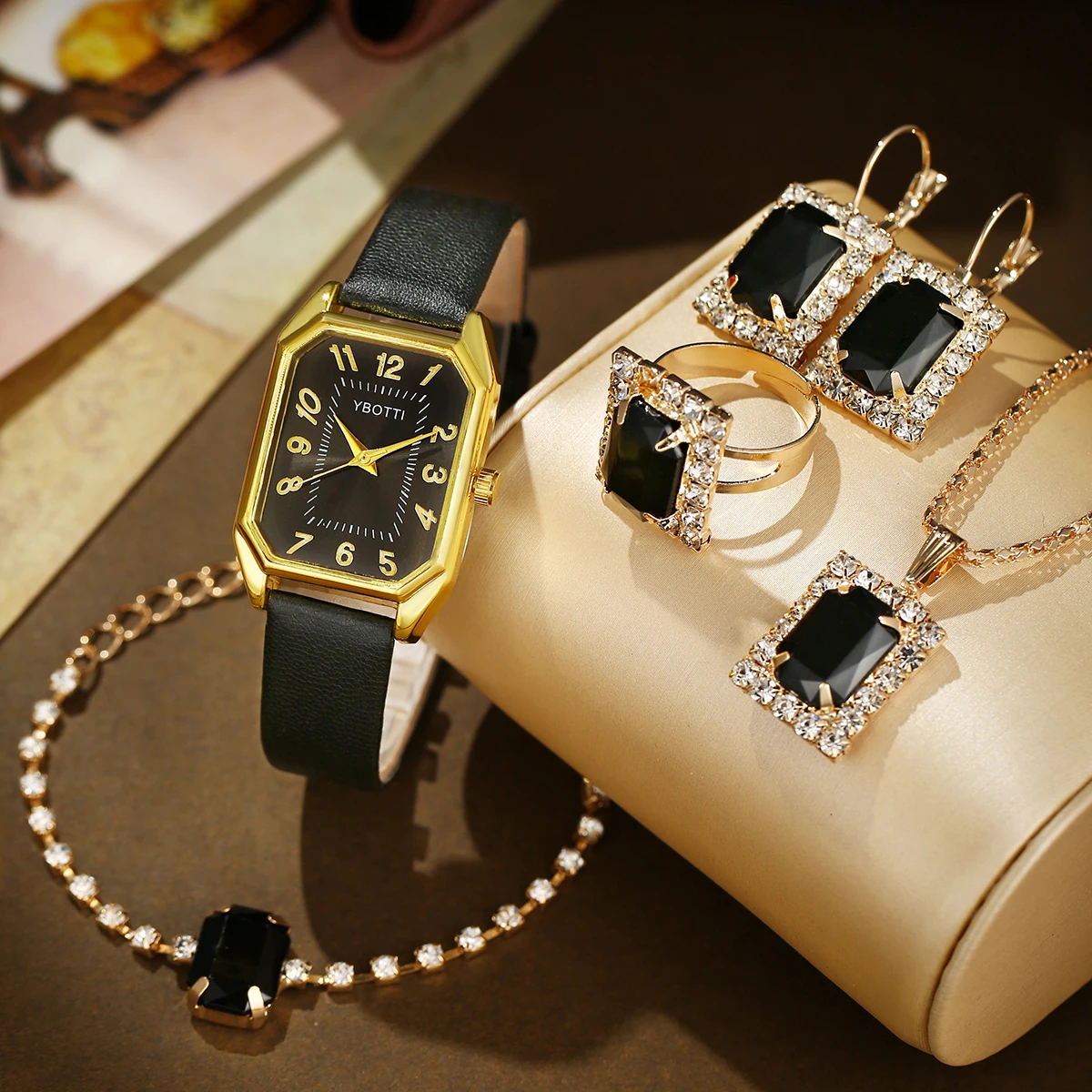 Ladies minimalist retro belt quartz watch+jewelry set