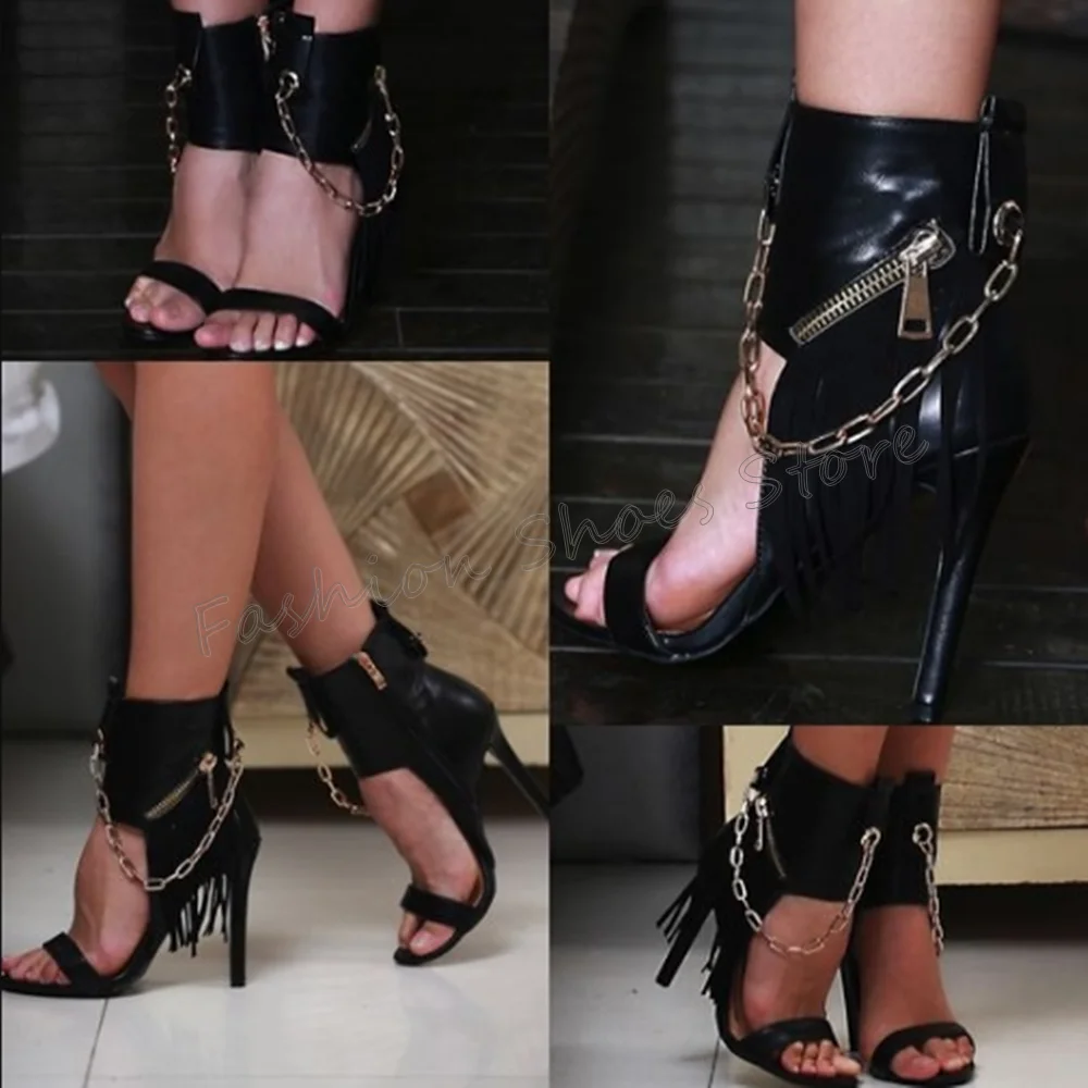 Black Chain Decor Side Zipper Sandals Boots Zipper Decor Open Toe High Heel Shoes for Women Heels 2024 New Zapatos Para Mujere