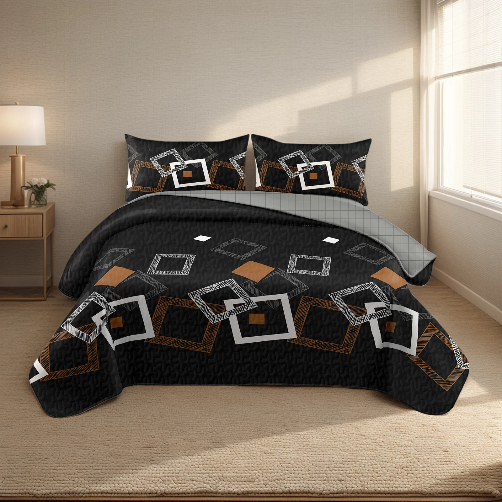

Black Geometric 6 Piece Bedding Set Microfiber Quilted Bed Cover with Flat Sheet 2 Pillowcases & 2 Cushion Covers
