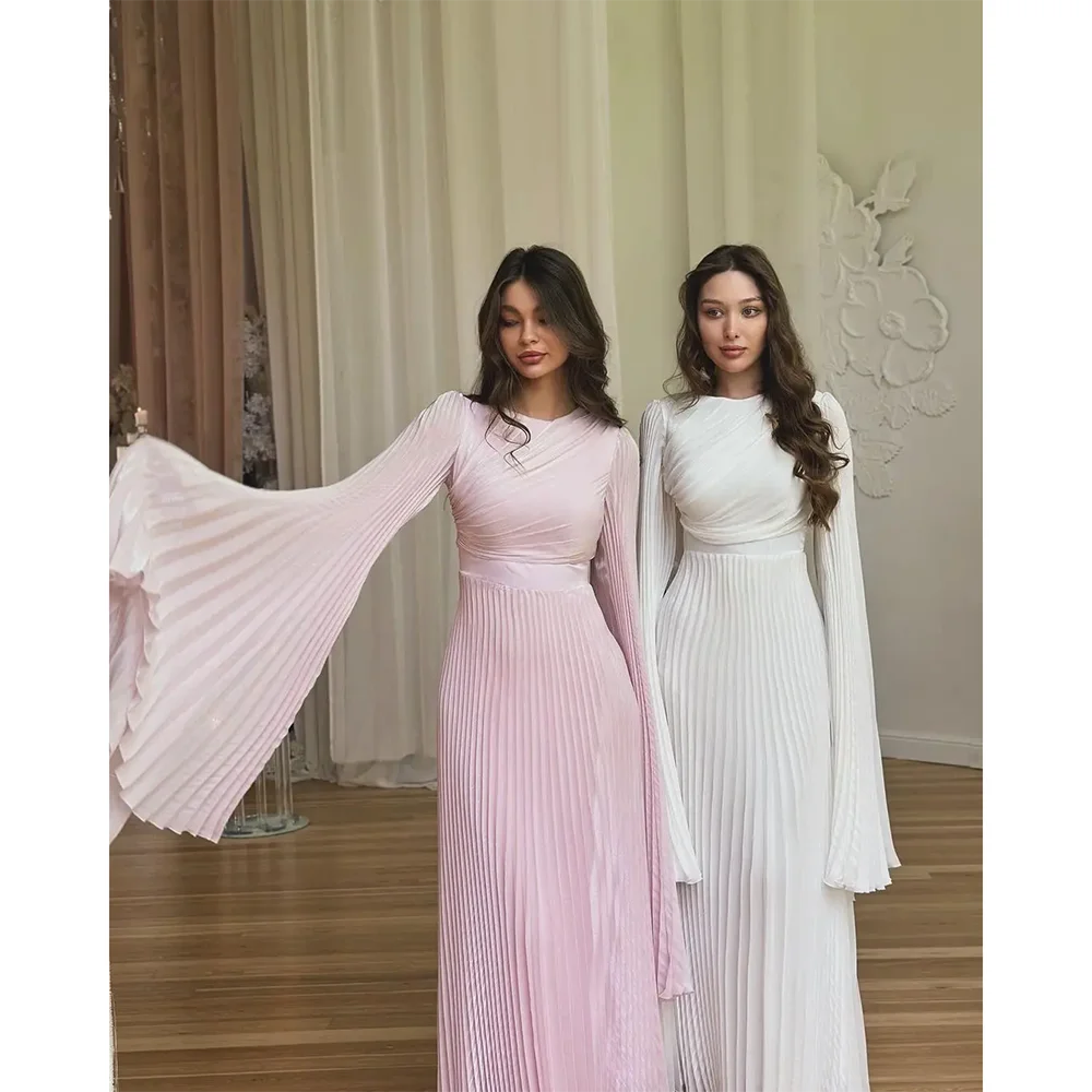 

Customized O-Neck Pleated Floor Length Prom Dresses Pleated Long Sleeves Party Dresses Formal Occasion Evening Dresses