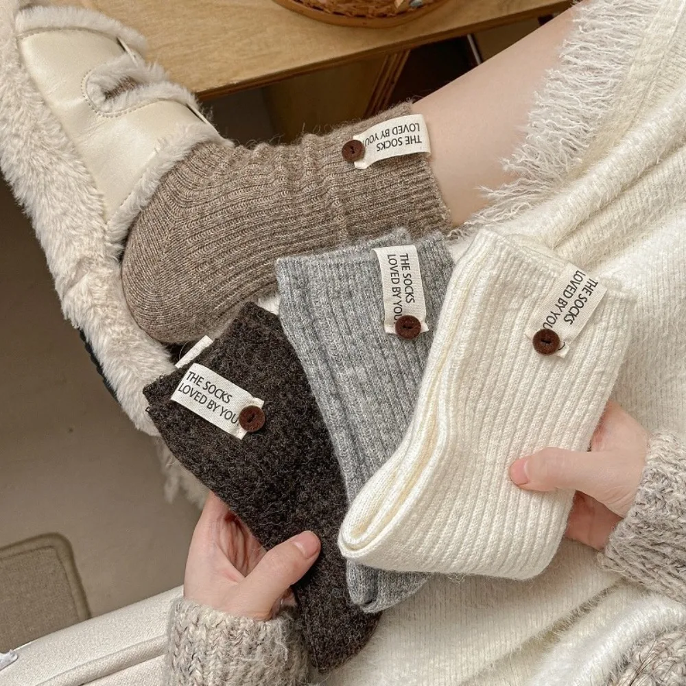 New Middle Tube Mid-Tube Socks Thickened Button Label Knitted Socks Keep Warm Solid Color Snow Boot Socks