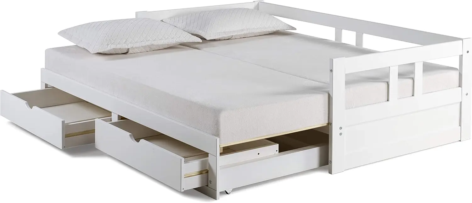 

Extendable Pine Trundle Bed Daybed w/ Underbed Storage, White, Twin to King Daybed, Childrens/Youth/Kids/Baby Bedroom