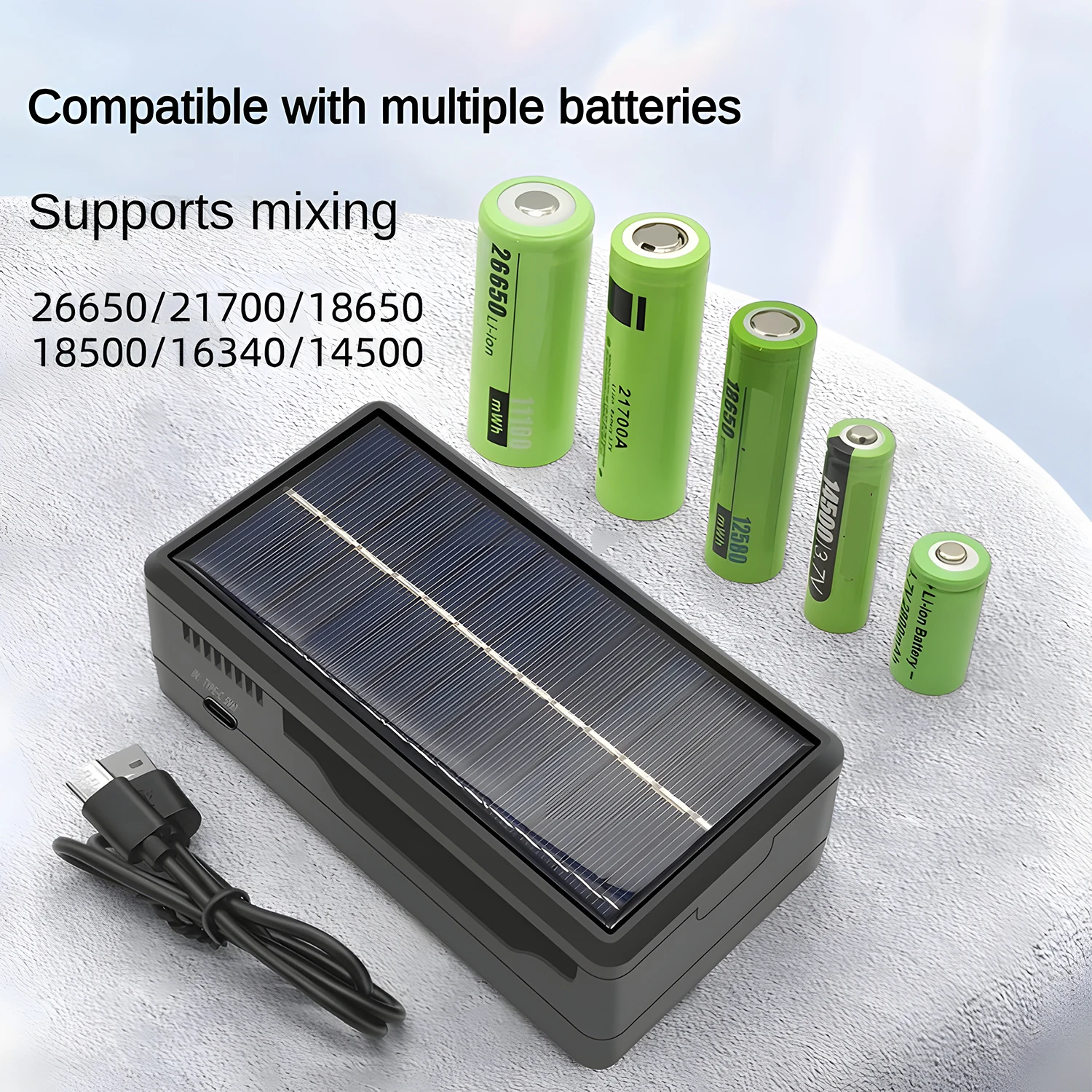 18650 Solar lithium Battery Charger 2 slots with LED Light for 18650 14500 16340 26650 universal Charger ( Battery Not Included)