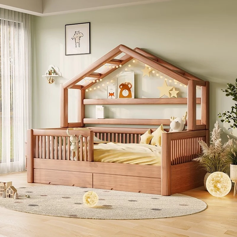 

Solid wood children's bed, girl princess bed, red sandalwood popsicle bed with guardrail, boy tree house bed