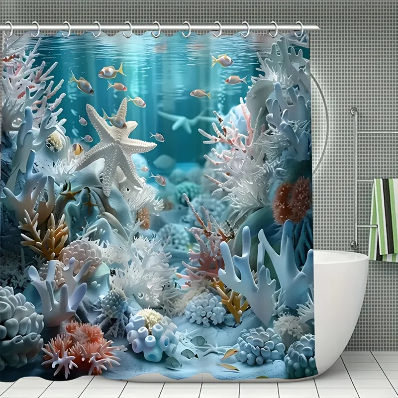 

1pc Blue Ocean Shell and Starfish Coral Shower Curtain,Perfect for Bathroom Decor with 12 Hooks