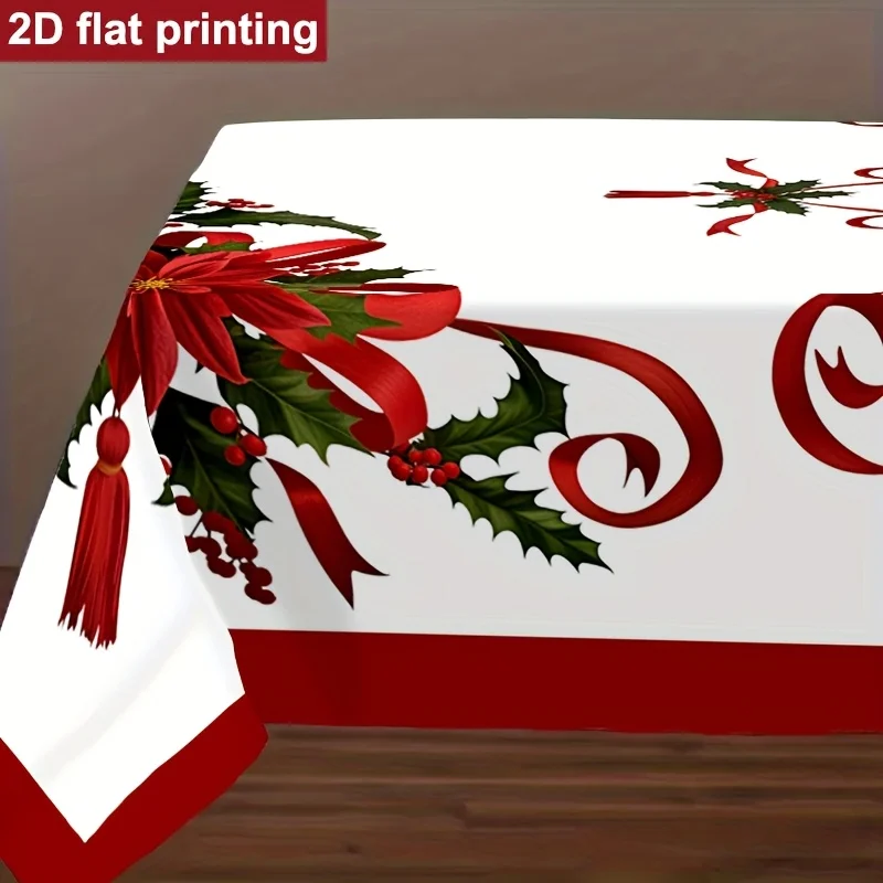 VIKAMA Christmas Poinsettia Holly Tablecloth Red Ribbon Rectangle Table Cover for Xmas Dining Holiday Family Gathering Decor