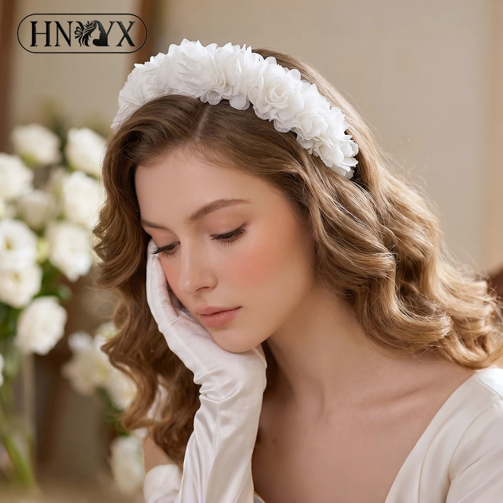 HNYYX Bridal White Flower Headband for Women Wedding Hair Accessories Wide Brim Non slip Hair Hoop for Bridesmaid Party A429