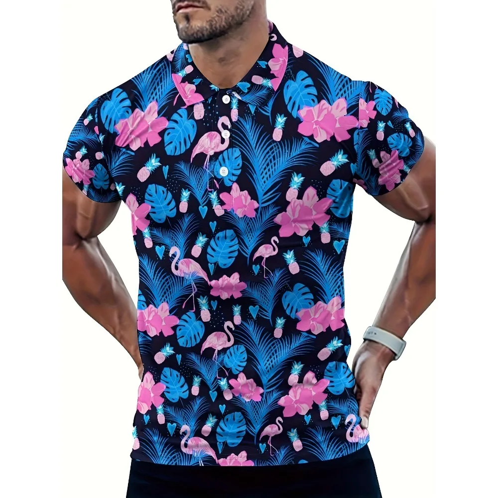 

Men's Tropical Plants & Flamingo Print Golf T-shirt for Summer, Outdoor Sports Short Sleeve Tennis Tees for Males