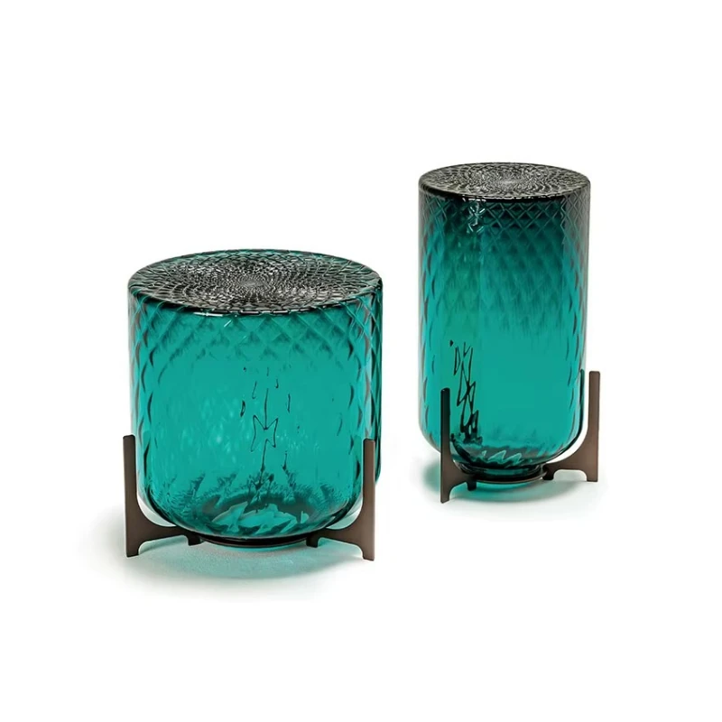 Modern color-textured glass and resin round table set with metal base, decorative nested coffee table