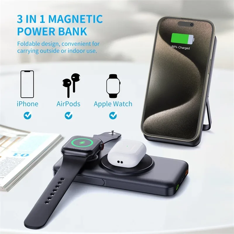 For Apple Watch 3-in-1 10000mAh Wireless Power Bank PD20W For iPhone Airpods iWatch Fast Charger Magnetic External Spare Battery