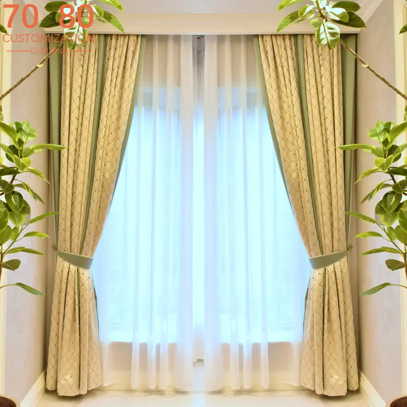 American Diamond Beige Gloss Embroidery Stitching Thickened Curtains for Living Room Bedroom French Window Balcony Customized