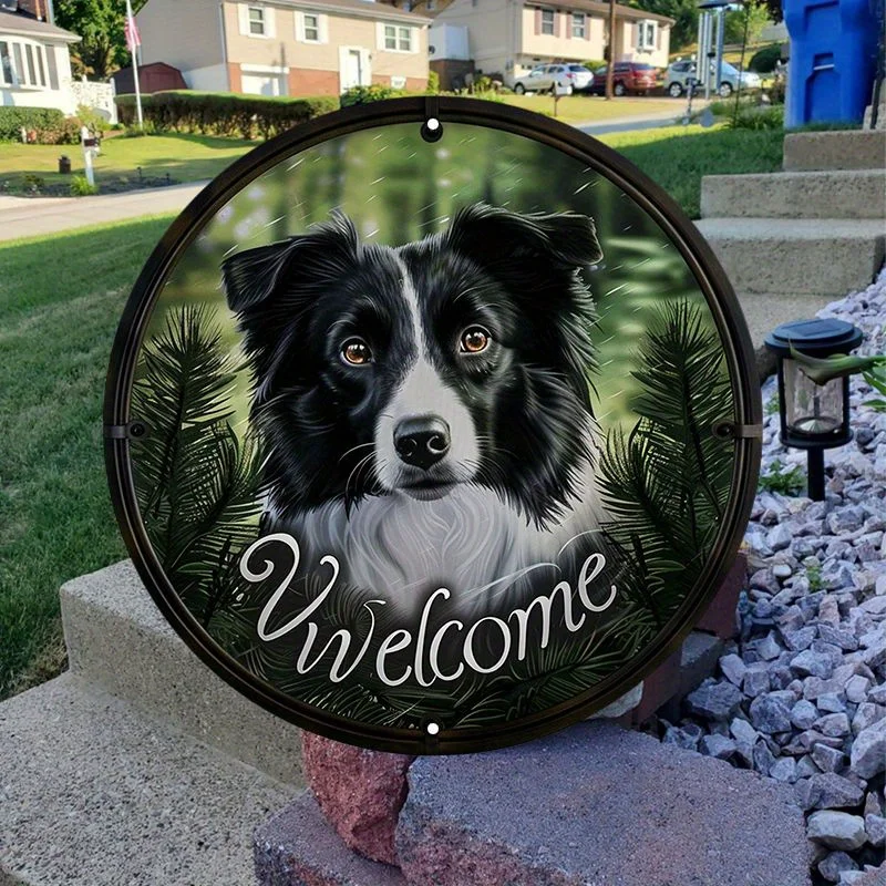 Aluminiowa grafika ścienna Welcome Dog Sign, wodoodporna okrągła dekoracja dla zwierząt, projekt Border Collie, idealna do domu, ogrodu, werandy