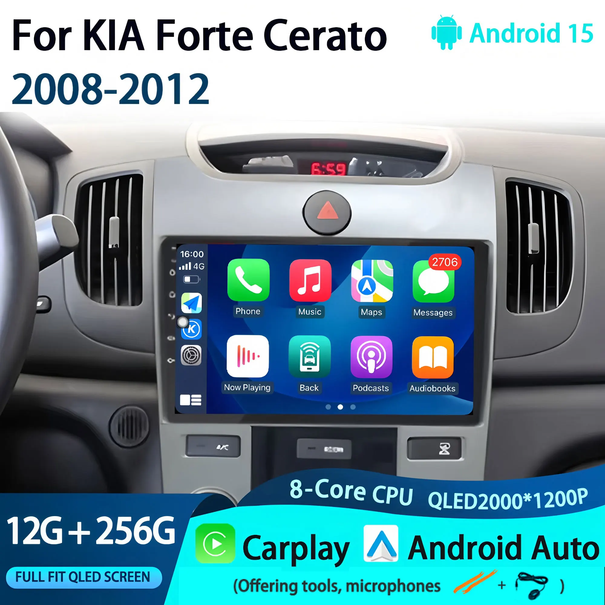 

Android 15 For KIA Forte Cerato 2008-2012 2K 12+256 QLED CarPlay Car Radio Multimedia Video Player GPS stereo Head 4G