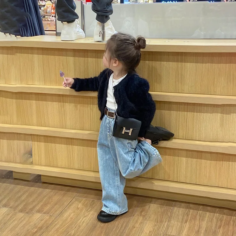 Girls Spring and Autumn New Korean Imitation Mink Plush Sweater Knitted Cardigan Small Jacket Bottom Shirt Wide Leg Jeans