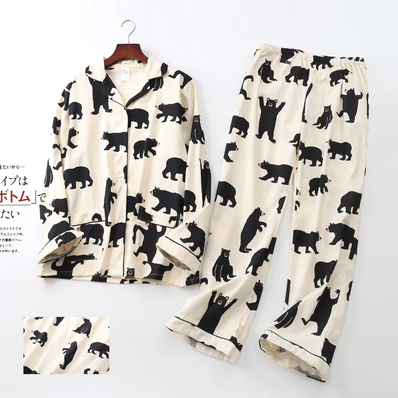 

Autumn Winter Thick Women's Pajama Set Two Pieces Black Bear Print Brushed Cotton Long Sleeve Tops Full Pants Elastic Waist 9907