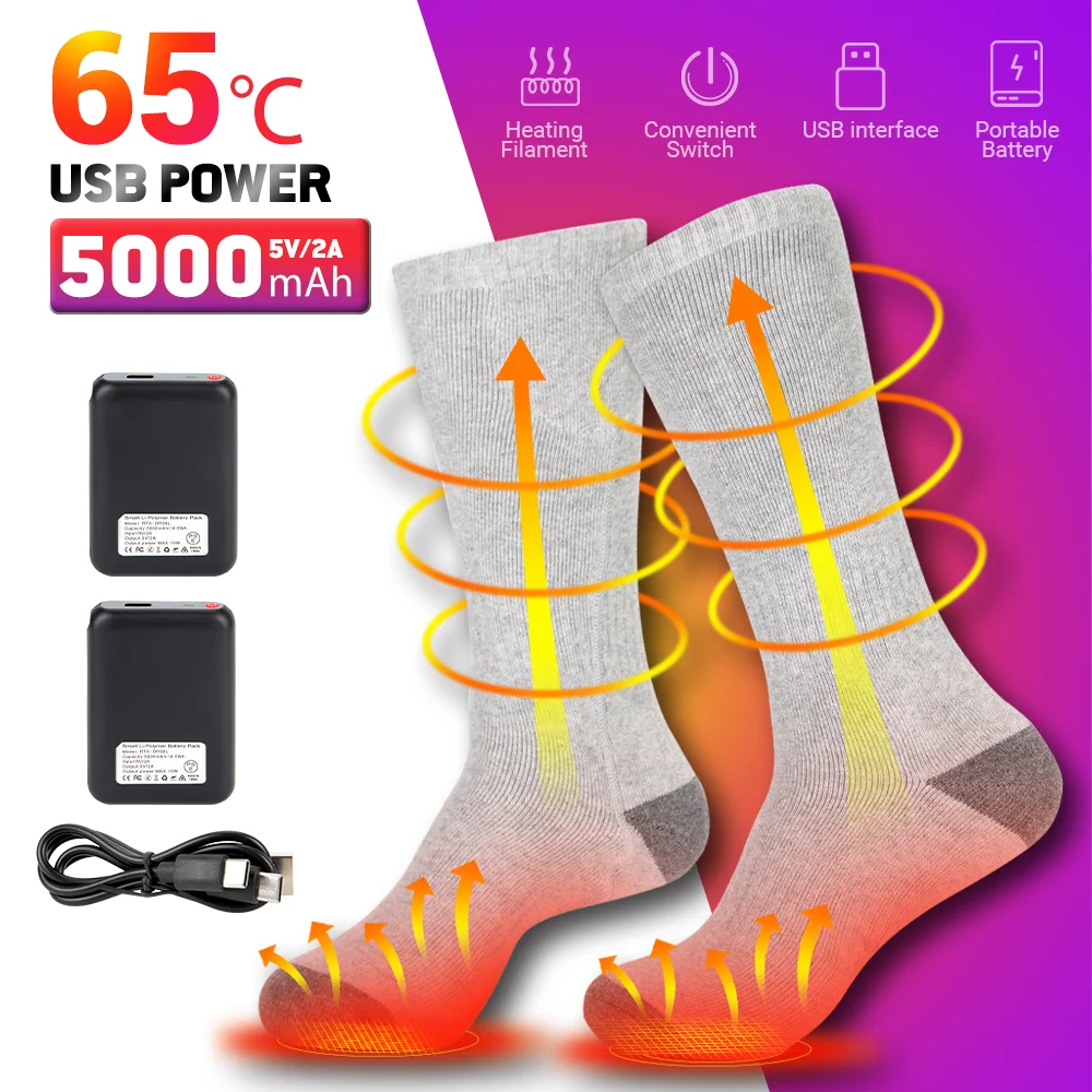 Calcetines térmicos con calefacción y batería recargable por USB, medias térmicas para la fiebre, para esquí, ciclismo y acampada, 5000mAh