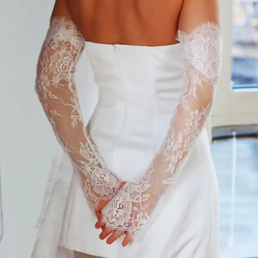

Elegant Sheer Lace Long Lace Arm Sleeves Semi-Transparent Floral Bridal Gloves White Sun Visor Arm Sleeves for Women