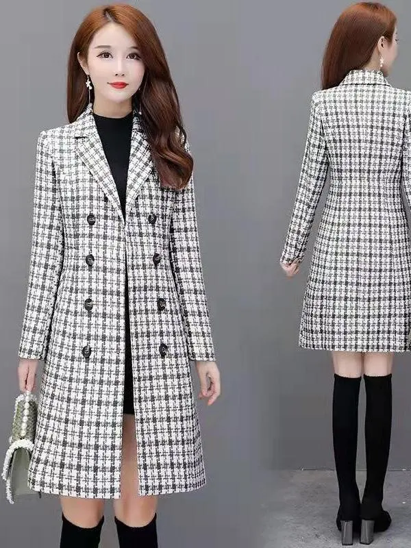 

Slimming Plaid Woolen Coat Women's Mid-Length Korean Sle 2025 New Spring Autumn Tweed Outerwear Asymmetrical Hem Casual Sle