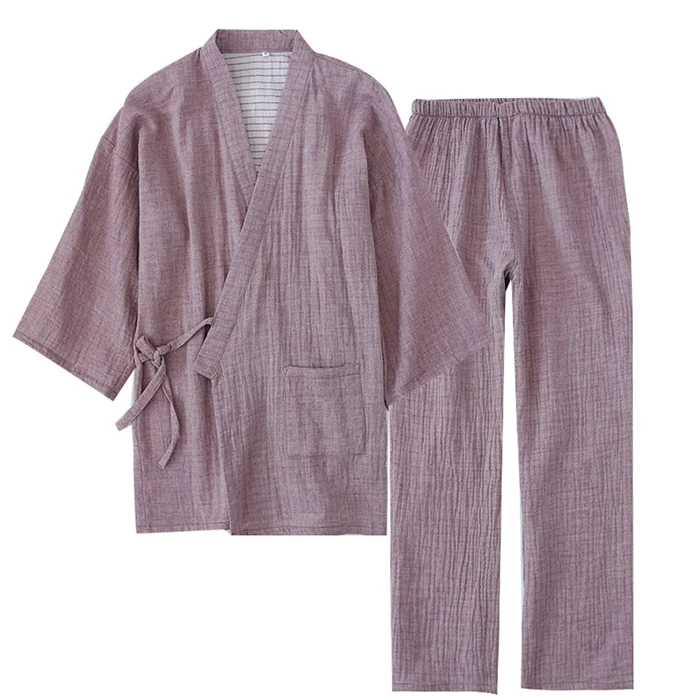 Kimono Pajamas Men Spring Summer Pure Cotton Double Gauze Cardigan Minute Sleeve Trousers Solid Color Sweat Hanfu Home Wear