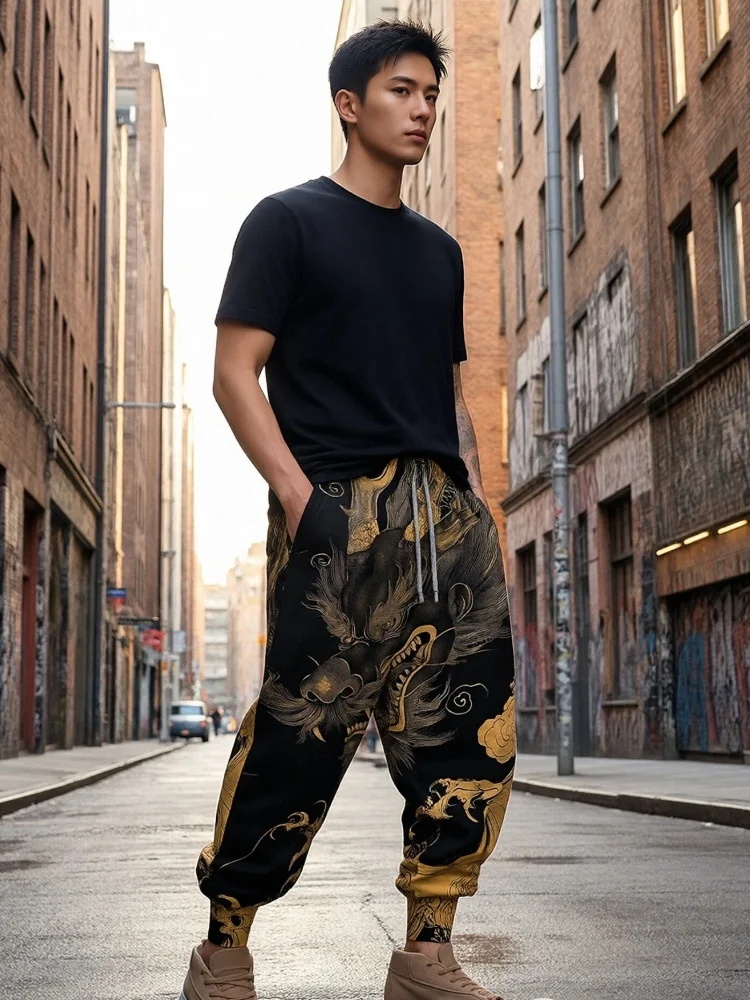 

Men's Dragon Element Pattern Print Retro Sweatpants 2026 Chinese Style Streetwear Holiday Elastic Waisted Harajuku Sports Pants