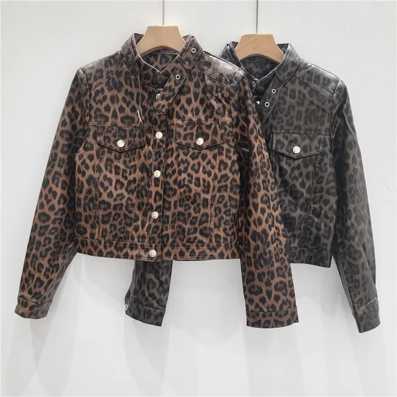 HKSH Herbst Neue Frauen Streetwear Mäntel Leopard Gedruckt Einreiher Leder Kurze Jacke Vielseitig Elegante Persönlichkeit HK8446